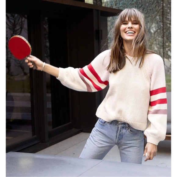 XiRENA Apres Sun Cream Beige Pink Striped Sleeve Loose Fit Cotton Knit Sweater - Picture 3 of 11